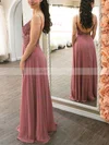 A-line V-neck Chiffon Sweep Train Appliques Lace Prom Dresses #UKM020108838