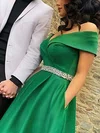 A-line Off-the-shoulder Satin Sweep Train Beading Prom Dresses #UKM020108843