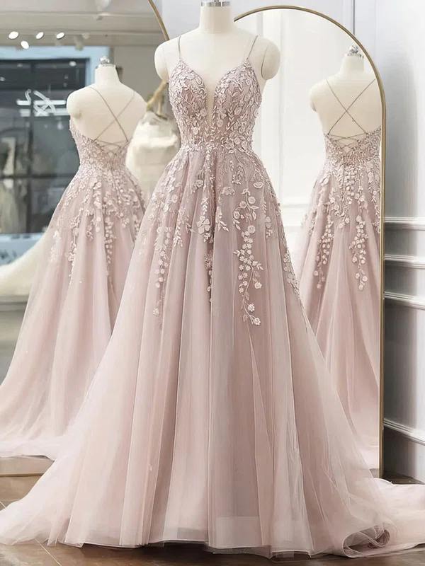 Ball Gown V-neck Tulle Sweep Train Appliques Lace Prom Dresses #UKM020108846