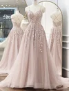 Ball Gown V-neck Tulle Sweep Train Appliques Lace Prom Dresses #UKM020108846