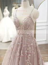 A-line V-neck Tulle Sweep Train Appliques Lace Prom Dresses #UKM020108846