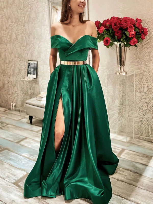 A-line Off-the-shoulder Satin Sweep Train Sashes / Ribbons Prom Dresses #UKM020108847
