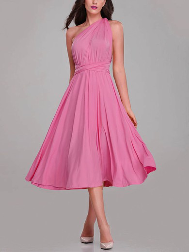 A-line One Shoulder Silk-like Satin Tea-length Bridesmaid Dresses With Sashes / Ribbons #UKM01014261