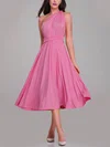 A-line One Shoulder Jersey Tea-length Bridesmaid Dresses With Sashes / Ribbons #UKM01014261