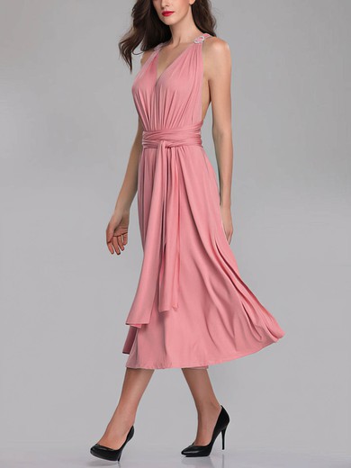 A-line V-neck Jersey Tea-length Bridesmaid Dresses With Sashes / Ribbons #UKM01014262