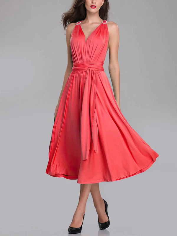 A-line V-neck Jersey Tea-length Bridesmaid Dresses With Sashes / Ribbons #UKM01014263
