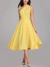 A-line One Shoulder Jersey Tea-length Bridesmaid Dresses With Sashes / Ribbons #UKM01014264