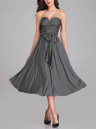 A-line Sweetheart Jersey Tea-length Bridesmaid Dresses With Sashes / Ribbons #UKM01014265