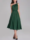 A-line One Shoulder Jersey Tea-length Bridesmaid Dresses With Sashes / Ribbons #UKM01014267