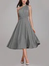 A-line One Shoulder Jersey Tea-length Bridesmaid Dresses With Sashes / Ribbons #UKM01014268