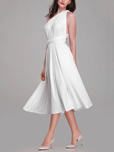 A-line One Shoulder Jersey Tea-length Bridesmaid Dresses With Sashes / Ribbons #UKM01014269