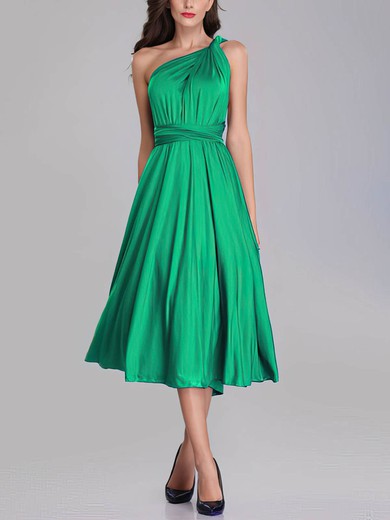 A-line One Shoulder Jersey Tea-length Bridesmaid Dresses With Sashes / Ribbons #UKM01014270