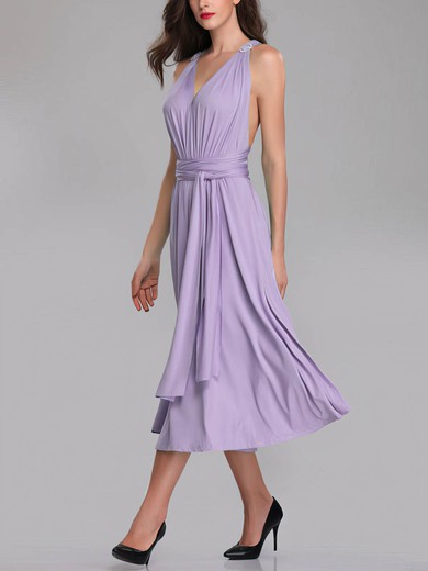 A-line V-neck Jersey Tea-length Bridesmaid Dresses With Sashes / Ribbons #UKM01014271