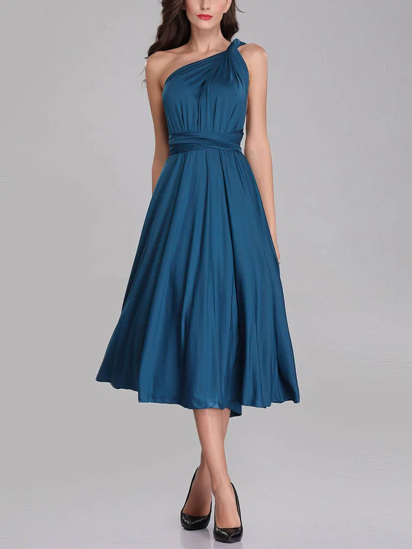 A-line One Shoulder Jersey Tea-length Bridesmaid Dresses With Sashes / Ribbons #UKM01014274