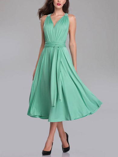 A-line V-neck Silk-like Satin Tea-length Bridesmaid Dresses With Sashes / Ribbons #UKM01014275