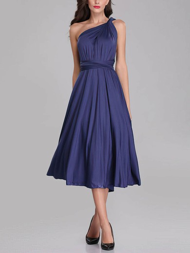 A-line One Shoulder Silk-like Satin Tea-length Bridesmaid Dresses With Sashes / Ribbons #UKM01014276