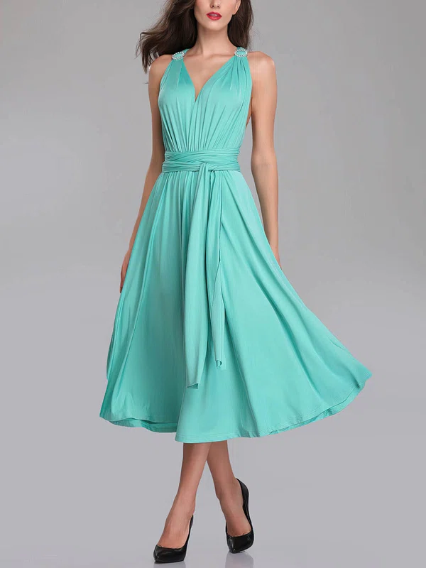 A-line V-neck Jersey Tea-length Bridesmaid Dresses With Sashes / Ribbons #UKM01014277