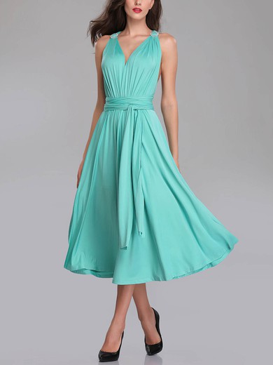 A-line V-neck Silk-like Satin Tea-length Bridesmaid Dresses With Sashes / Ribbons #UKM01014277