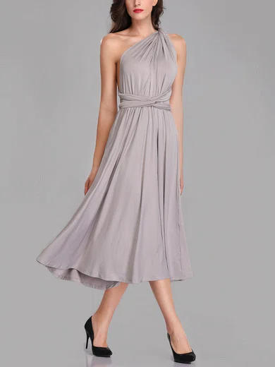 A-line One Shoulder Jersey Tea-length Bridesmaid Dresses With Sashes / Ribbons #UKM01014278