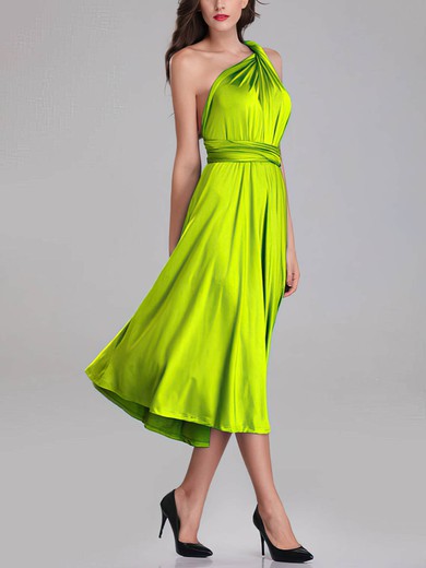 A-line One Shoulder Silk-like Satin Tea-length Bridesmaid Dresses With Sashes / Ribbons #UKM01014280