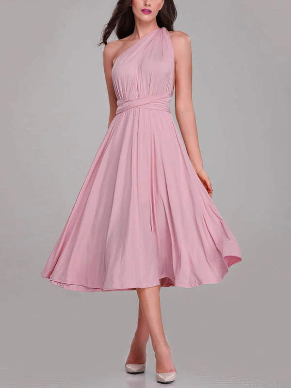 A-line One Shoulder Jersey Tea-length Bridesmaid Dresses With Sashes / Ribbons #UKM01014281