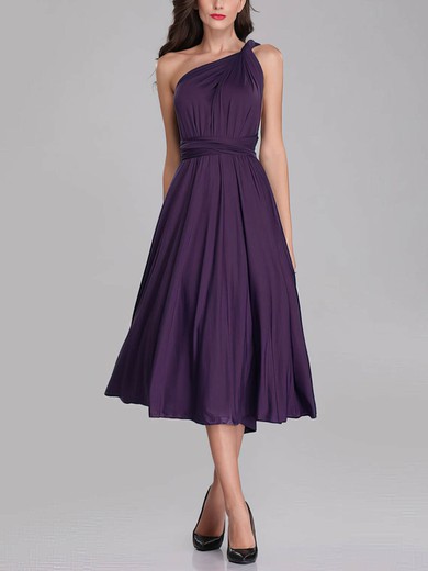 A-line One Shoulder Jersey Tea-length Bridesmaid Dresses With Sashes / Ribbons #UKM01014283