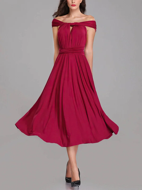 A-line Off-the-shoulder Jersey Tea-length Bridesmaid Dresses With Sashes / Ribbons #UKM01014284