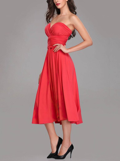 A-line Sweetheart Jersey Tea-length Bridesmaid Dresses With Sashes / Ribbons #UKM01014285