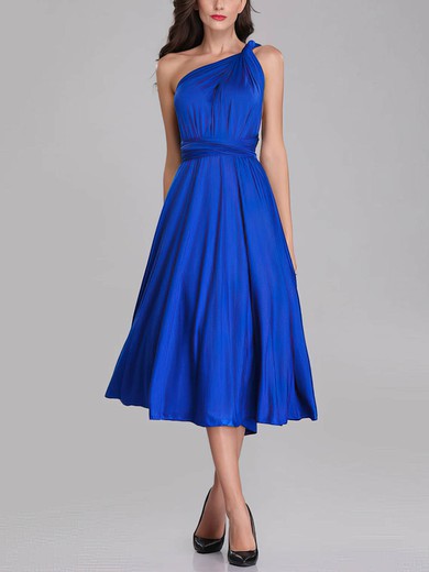 A-line One Shoulder Jersey Tea-length Bridesmaid Dresses With Sashes / Ribbons #UKM01014286