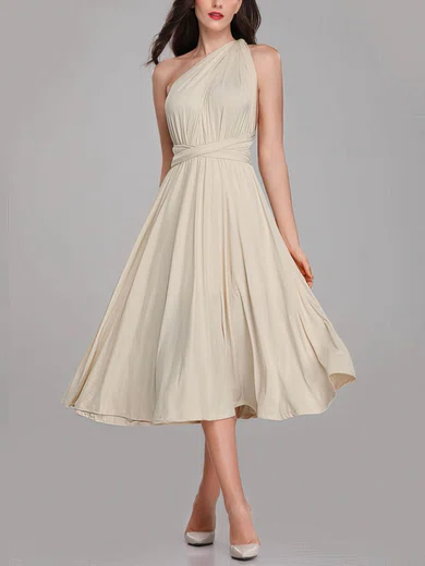 A-line One Shoulder Jersey Tea-length Bridesmaid Dresses #UKM01014287