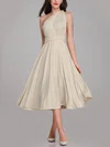A-line One Shoulder Jersey Tea-length Bridesmaid Dresses With Sashes / Ribbons #UKM01014287
