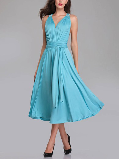 A-line V-neck Jersey Tea-length Bridesmaid Dresses With Sashes / Ribbons #UKM01014288