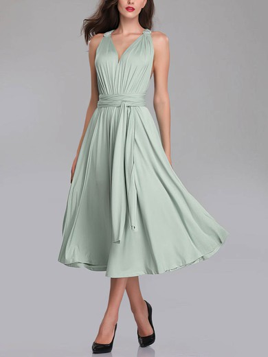 A-line V-neck Jersey Tea-length Bridesmaid Dresses With Sashes / Ribbons #UKM01014289