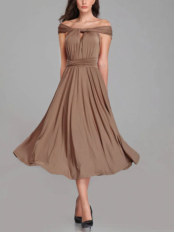 A-line Off-the-shoulder Jersey Tea-length Bridesmaid Dresses With Sashes / Ribbons #UKM01014290