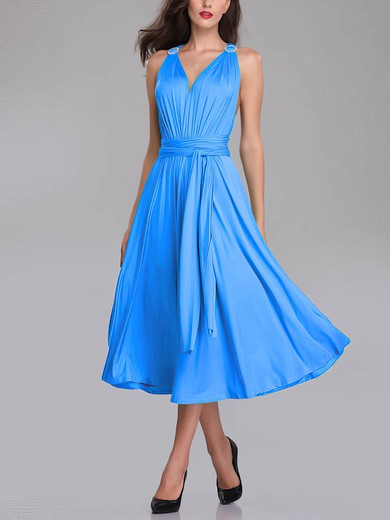 A-line V-neck Silk-like Satin Tea-length Bridesmaid Dresses With Sashes / Ribbons #UKM01014291