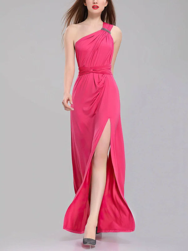 A-line One Shoulder Jersey Ankle-length Bridesmaid Dresses With Split Front #UKM01014315