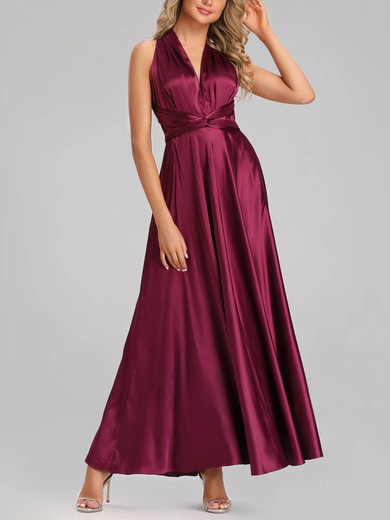 A-line V-neck Silk-like Satin Ankle-length Bridesmaid Dresses #UKM01014381