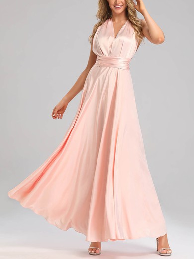 A-line V-neck Silk-like Satin Ankle-length Bridesmaid Dresses With Sashes / Ribbons #UKM01014382