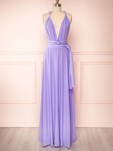 A-line V-neck Jersey Floor-length Bridesmaid Dresses #UKM01014392