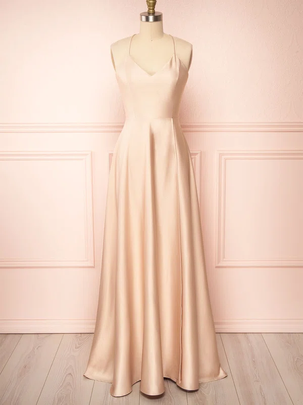A-line V-neck Silk-like Satin Floor-length Split Front Bridesmaid Dresses #UKM01014394
