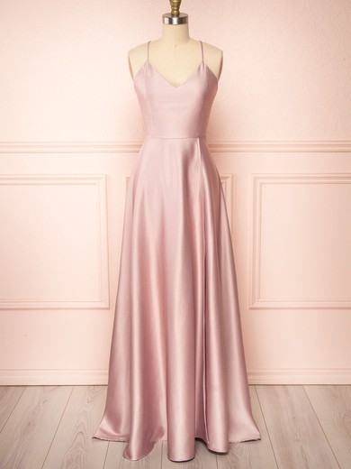 A-line V-neck Silk-like Satin Floor-length Split Front Bridesmaid Dresses #UKM01014399