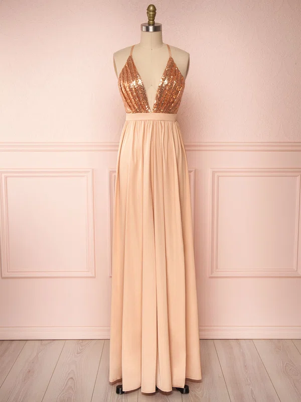 A-line V-neck Sequined Silk-like Satin Floor-length Bridesmaid Dresses #UKM01014401