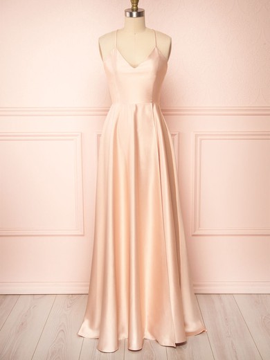 A-line V-neck Silk-like Satin Floor-length Bridesmaid Dresses With Split Front #UKM01014402