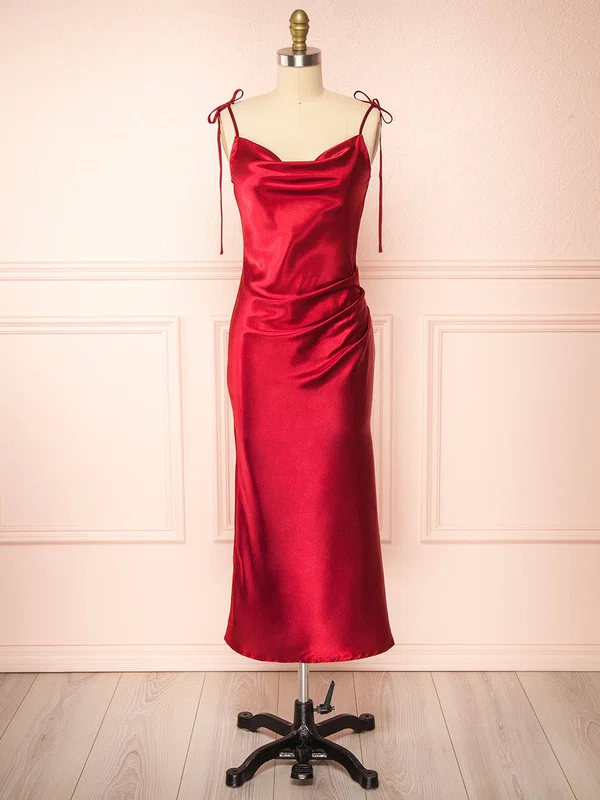 Sheath/Column Cowl Neck Silk-like Satin Tea-length Split Front Bridesmaid Dresses #UKM01014404