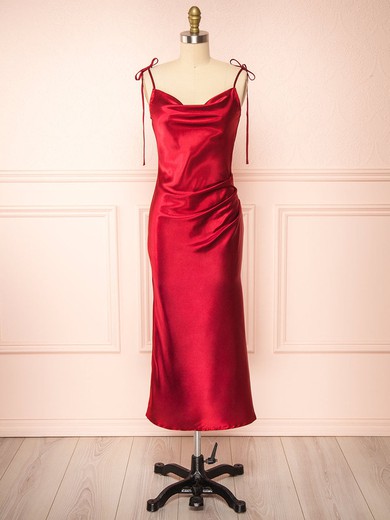 Sheath/Column Cowl Neck Silk-like Satin Tea-length Bridesmaid Dresses With Split Front #UKM01014404