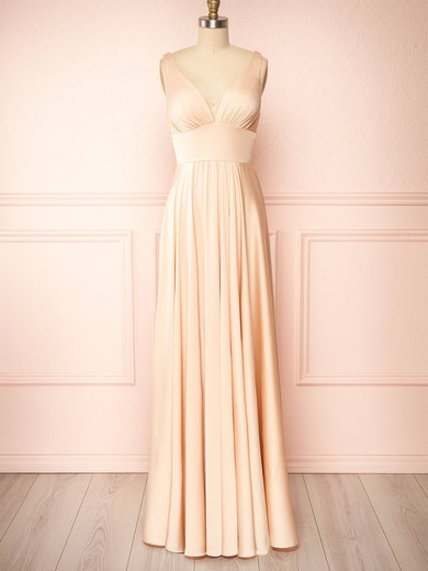 A-line V-neck Silk-like Satin Floor-length Bridesmaid Dresses With Ruffles #UKM01014408