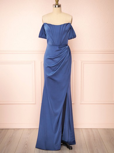 Sheath/Column Off-the-shoulder Silk-like Satin Floor-length Bridesmaid Dresses With Split Front #UKM01014409