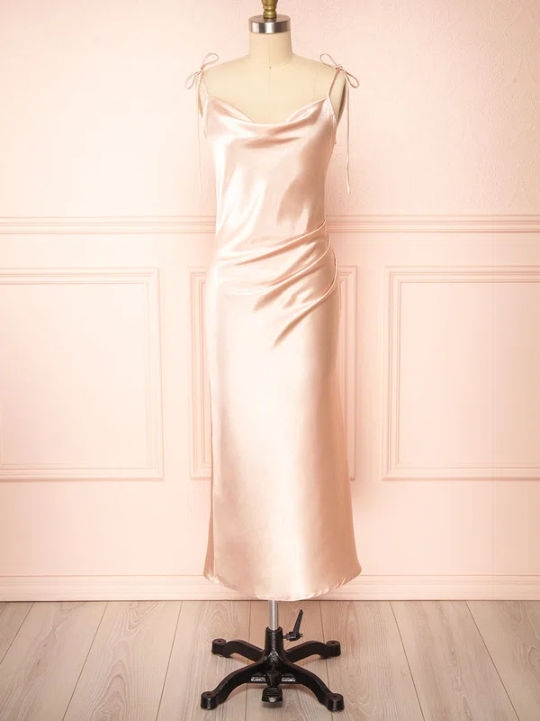 Sheath/Column Cowl Neck Silk-like Satin Tea-length Bridesmaid Dresses With Split Front #UKM01014417