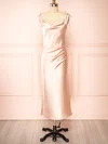 Sheath/Column Cowl Neck Silk-like Satin Tea-length Bridesmaid Dresses With Split Front #UKM01014417