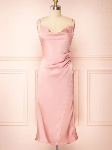 Sheath/Column Cowl Neck Satin Tea-length Split Front Bridesmaid Dresses #UKM01014420